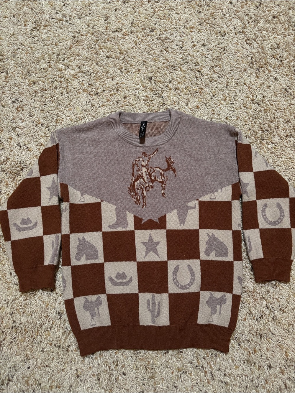 Kids Western-Print Crewneck Sweater in Brown & Beige
